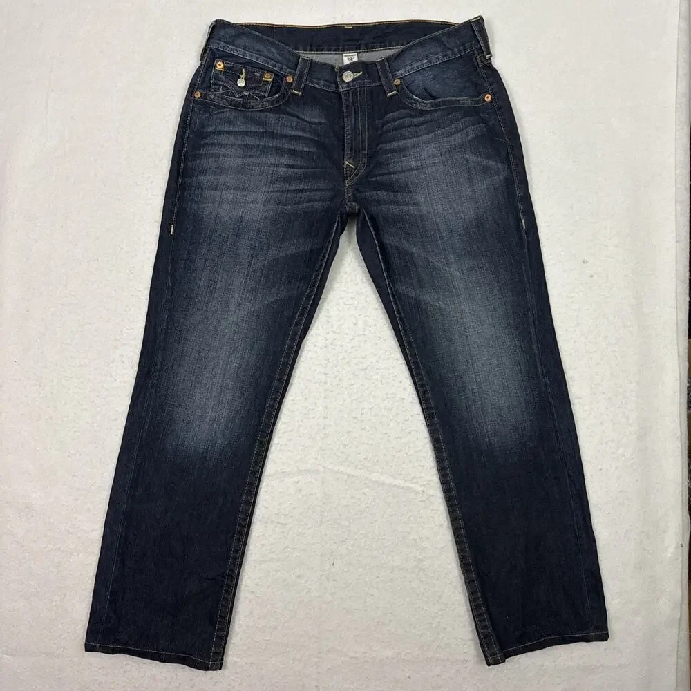 True Religion Mens Jeans Size 38 Blue Slim Straight Flap Pocket Denim Vintage